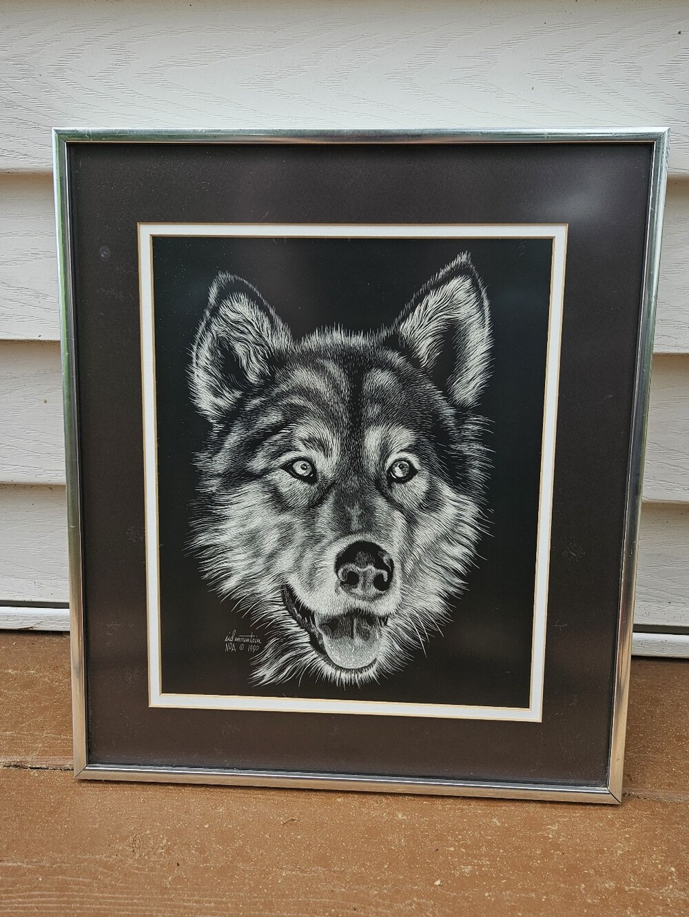 Framed Black & White Wolf Print By Sid Mountain 1990 15.5" x 13.25"